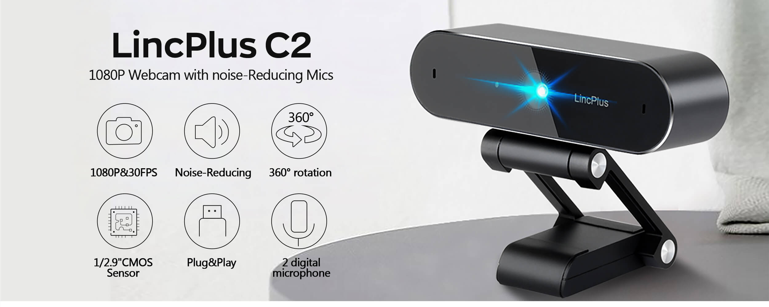lincplus c2 1080p webcam with noise reduction and full viewing for conference